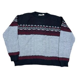 Vintage Grandpa Sweater Men Medium Gray Geometric Nordic Birdseye 90s Knit Cosby